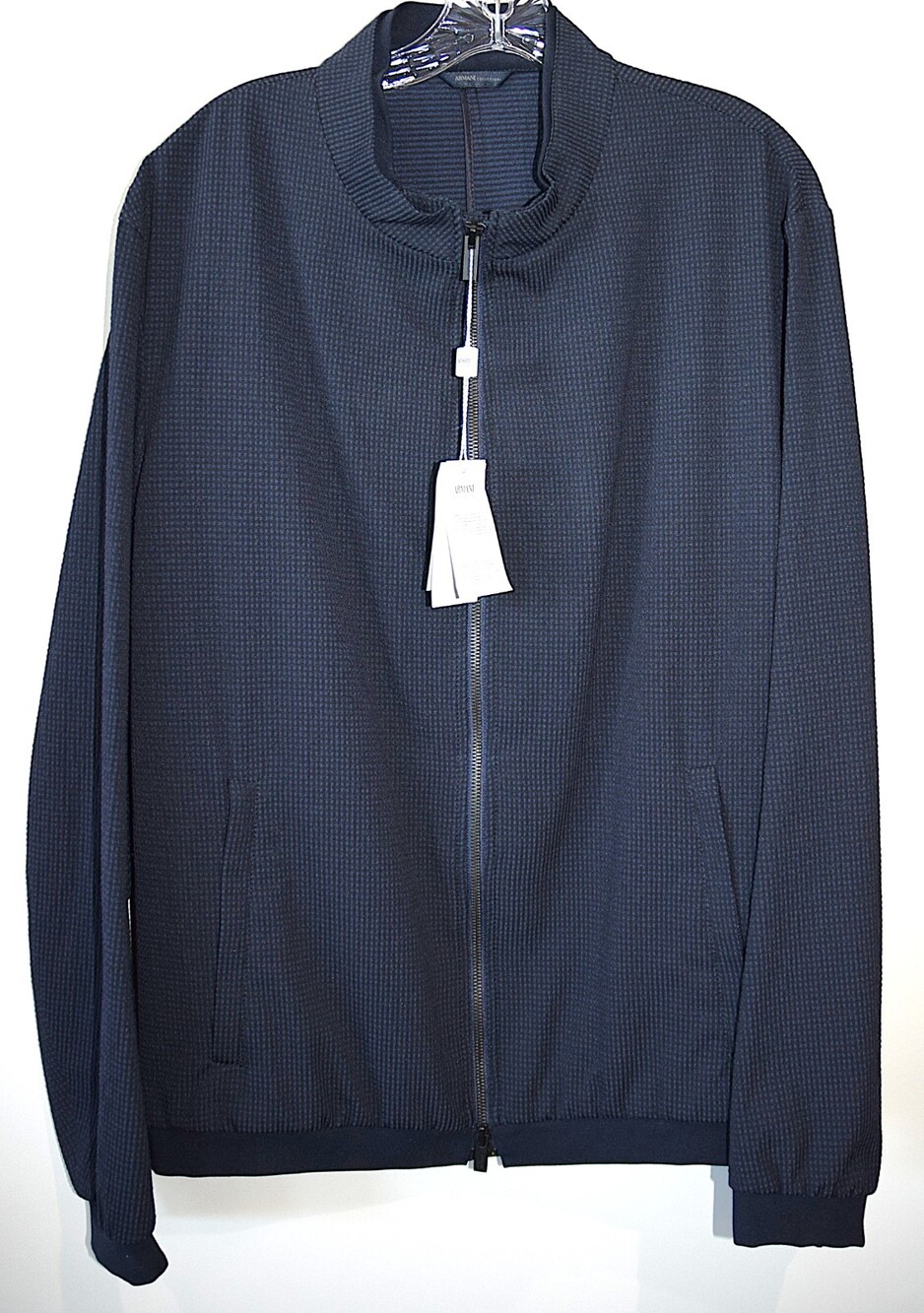 NWT $695 Armani Collezioni Men's Zipper Seersucker Blouson Jacket Navy Sz 56
